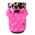 Pink quilted pet dog winter coat with leopard faux fur hood, warm puppy apparel detail view. - 2XL / Rose Red