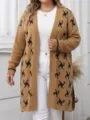 Plus size open front knit cardigan sweater with geometric pattern for women autumn wear - 0XL / Khaki