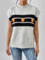 Knit vest detailed shot, featuring black white stripes and orange crochet flowers, round neck sleeveless. - S / Tops / Gray