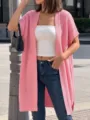 Detalle de cárdigan de punto informal, suéter rosa sin mangas, cómodo look de estilo urbano. - Talla única / Rosa