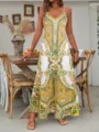 Abito lungo estivo da donna con stampa floreale vintage, elegante abito maxi senza maniche. - Taglia S / Giallo