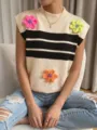 Chic knitted sleeveless vest with striped pattern and colorful crochet floral appliques. - S / Tops / Apricot