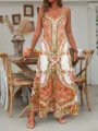 Abito lungo maxi con stampa floreale boho per donna, vestito estivo senza maniche con spalline. - Taglia S / Arancione