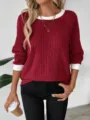 Maglione Donna Autunno Inverno Finto Due Pezzi Collo Giro Manica Lunga Costine Rosso Bianco - Taglia S / Borgogna
