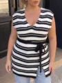 Plus size black and white striped knit vest with tie waist belt and V-neckline - 1XL / Tops / Black