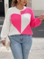 Plus size pink and white heart colorblock knit sweater detail, outdoor street fashion wear style. - 0XL / Rose Red