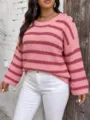 Detail of plus size women's pink striped sweater with shoulder button accents and knit texture - 0XL/L / Tops / Pink