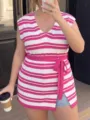 Stylish plus size pink and white striped knit vest with a casual tie-waist design - 1XL / Tops / Rose Red