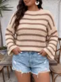 Close-up of plus size striped sweater with horizontal beige and brown patterns - 0XL/L / Tops / Apricot