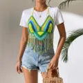 Handgefertigtes farbenfrohes Häkel-Neckholder-Top mit Fransen für den Strandurlaub - Einheitsgröße / Oberteile / Mehrfarbig
