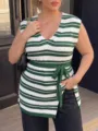Detail of plus size green striped knit vest with V-neck and tie-waist belt. - 1XL / Tops / Dark Green