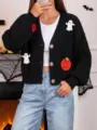 Détail cardigan en tricot noir citrouille au crochet d'Halloween, veste pull courte femme - S / Noir