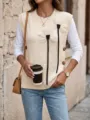 Detail view of cream knit sweater vest with 3D floral applique and side buttons. - S / Tops / Apricot