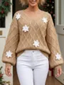 Pull-over de Noël en tricot col V avec appliques flocons de neige blancs, haut d'hiver confortable femme. - S / Kaki