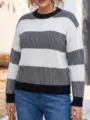 Women Casual Black White Striped Knitted Sweater Long Sleeve Pullover CloseUp - S / Black