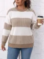 Casual plus size brown white striped knit sweater for women autumn winter long sleeve top - S / Khaki