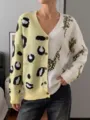 Colorblock leopard and tiger print cardigan sweater with v-neck and button closure for women. - One Size / Yellow