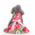 Macro detail of a vibrant red floral pet summer dress featuring a large pink bow - XS / Dresses / Red Wafuku Style (XZD300)