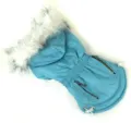 Blue pet winter dog coat with plush faux fur hood, warm windproof fabric and zipper pockets. - XS / Blue