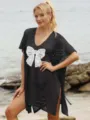 Λεπτομέρεια μαύρου δαντελωτού φορέματος παραλίας, λεπτή υφή βελονιού και κομψό στιλ. - Ένα μέγεθος / Dresses / Μαύρο