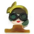 Close-up detail of a retro acrylic girl brooch wearing black sunglasses and green headscarf - Green Headscarf Black White Beige Style (E9-1-9711)