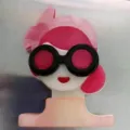 Whimsical acrylic brooch featuring a stylized fashion girl with round black sunglasses. - Pink Red Short Hair Smiling Girl Style (G8-3-1534)