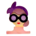 Macro view of acrylic brooch featuring a girl wearing sunglasses and purple headband - Purple Headband Pink Base Style (G9-6-1673)
