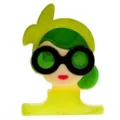 Detailed close-up of a quirky acrylic brooch featuring a girl wearing big round sunglasses - Fluorescent Green Yellow Headband Style (G9-6-1674)