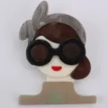 Chic acrylic brooch featuring a girl with black round sunglasses and bright red lips - Brown Hair Marble Headband Style (F9-1-711)