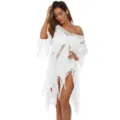 Elegant white hollow-out crochet beach dress with fringe tassels and wide bell sleeves - One Size / Dresses / White