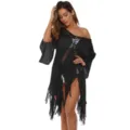 Elegant black beach cover-up featuring fringe tassels, bell sleeves and crochet hollow-out design - One Size / Dresses / Black