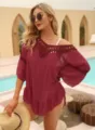 Burgundy crochet hollow-out beach cover-up with ruffled hem and 3/4 bell sleeves for women - One Size / Dresses / Wine Red