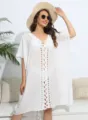 White crochet beach cover up dress, loose hollow out swimwear bikini tunic for women vacation. - One Size / White