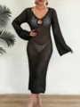 Full view of black crochet mesh beach cover-up dress with hollow-out V-neck detail. - S / Dresses / Black