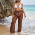Pantaloni da spiaggia in maglia traforata marrone da donna, pantaloni all'uncinetto sexy. - 1XL / Marrone