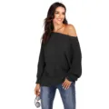 Donna maglione lavorato a maglia spalle scoperte manica a pipistrello casuale - Nero