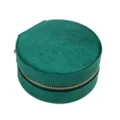 Compact round jewelry storage box in emerald green velvet with a gold zipper closure - Round / Green