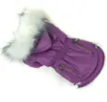 Purple dog winter coat with fluffy faux fur hood and zipper pockets for cold weather warmth. - XS / Purple
