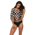 Top de cobertura de ganchillo negro con motivos florales de margarita blanca y flecos. - Talla única / Negro