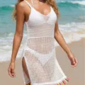 Bohemian white V-neck crochet knit beach cover-up dress featuring colorful tassel hem - S / Dresses / White (With Colorful Tassels)