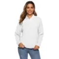 Close up view of white v neck knit sweater with classic shirt collar for women outfit details - S / White