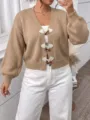 Stilvolle Damen Strickjacke V-Ausschnitt Hornknöpfe einfarbig kurzer warmer Pullover - 3XL / Khaki