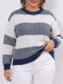 Plus size striped knit sweater detail, casual autumn winter round neck pullover top. - S / Blue