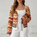 Women's colorful chevron knit cardigan sweater, casual open front tie up knitwear coat. - S / Yellow