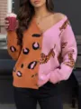Colorblock leopard tiger print cardigan V-neck button down knit sweater for women casual chic - One Size / Orange Pink