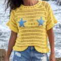 Yellow hollow knit short sleeve beach cover up top featuring two blue starfish appliques - S / Tops / Yellow