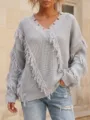 Suéter de punto gris holgado con cuello en V profundo y flecos, top de moda elegante. - Talla única / Gris