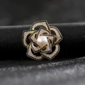 Vintage camellia floral brooch with pearl center and black enamel petals - Style 11 (Black Gold Camellia Pearl)