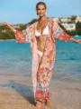 Mujer estampado floral bohemio playa kimono largo cárdigan vacaciones ropa de baño - Talla única / Bata / Naranja