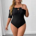 Plus size black ribbed cold shoulder bodysuit with cutout tie front for women. - 0XL / Tops / Black